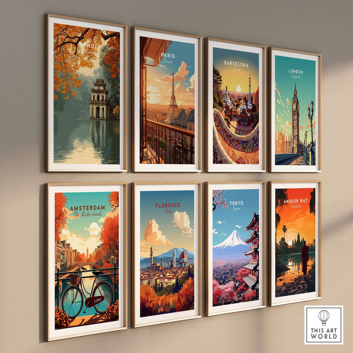 Gallery wall of vibrant city posters including Hanoi, Paris, Barcelona, and more, showcasing global landmarks.