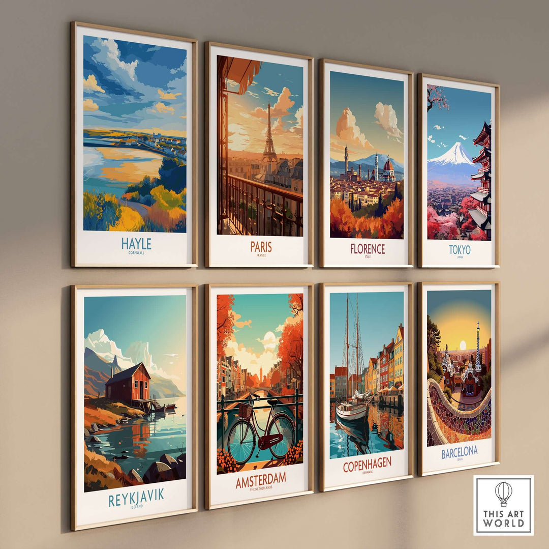 Colorful travel posters of global cities including Hayle, Paris, Florence, Tokyo, Reykjavik, Amsterdam, Copenhagen, and Barcelona.
