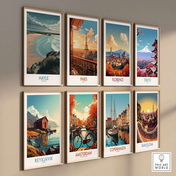 Collection of travel posters featuring Hayle, Paris, Florence, Tokyo, Reykjavik, Amsterdam, Copenhagen, and Barcelona.