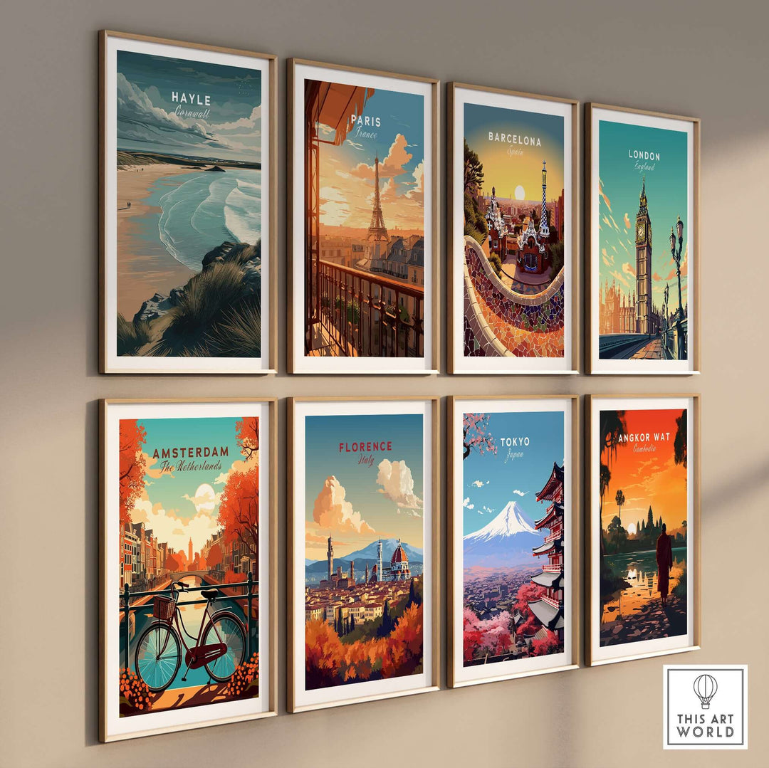 Framed prints of iconic cities including Hayle, Paris, Barcelona, London, and more on a gallery wall.