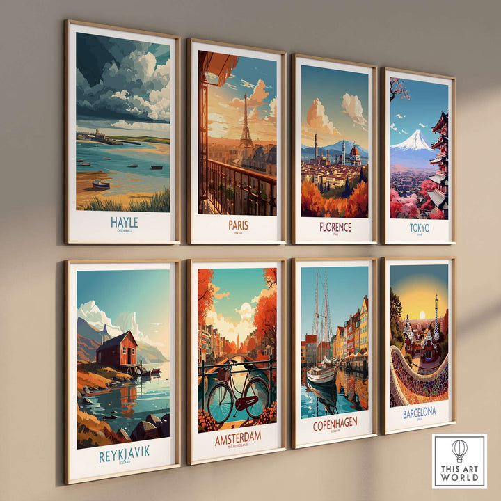 Collage of vibrant travel posters featuring Hayle, Paris, Florence, Tokyo, Reykjavik, Amsterdam, Copenhagen, and Barcelona.
