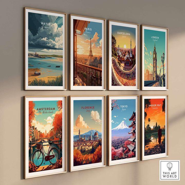 Gallery of vintage city prints featuring Hayle, Paris, Barcelona, London, Amsterdam, Florence, Tokyo, and Angkor Wat.