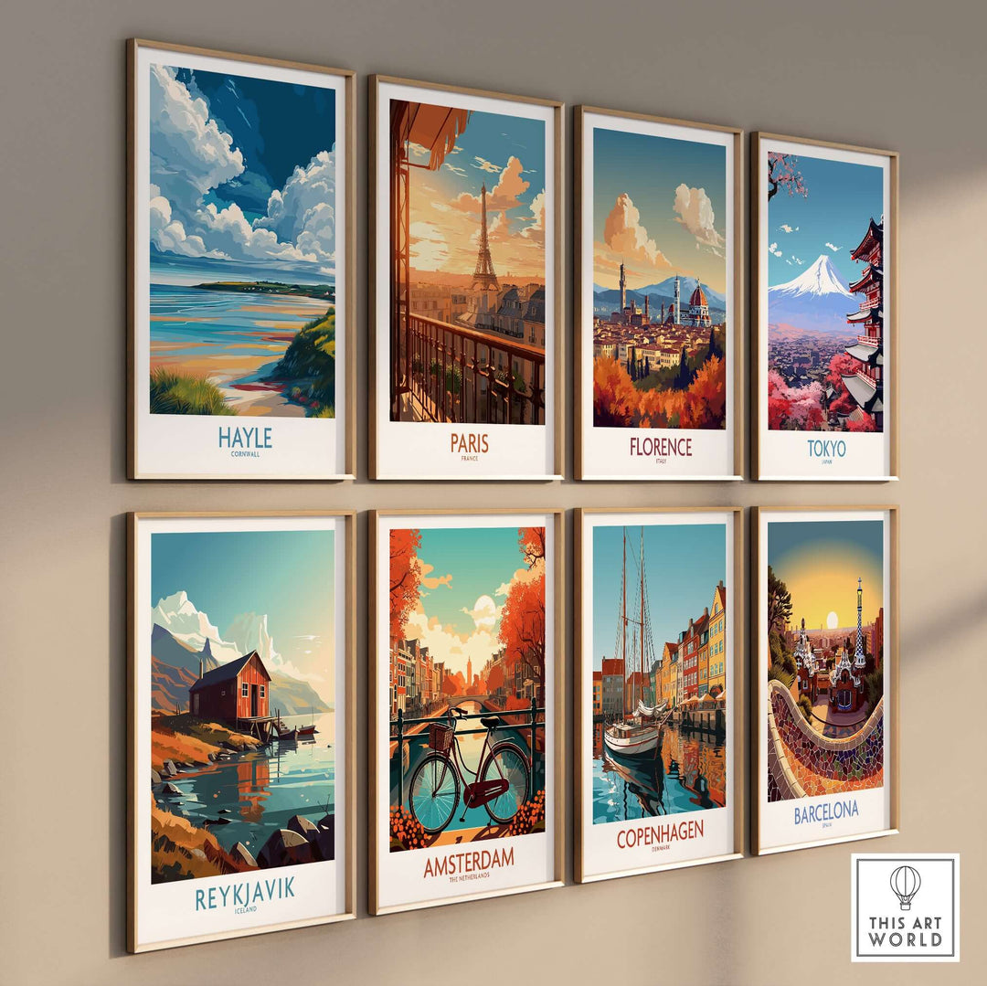 Gallery of travel wall art including Hayle, Paris, Florence, Tokyo, Reykjavik, Amsterdam, Copenhagen, and Barcelona.