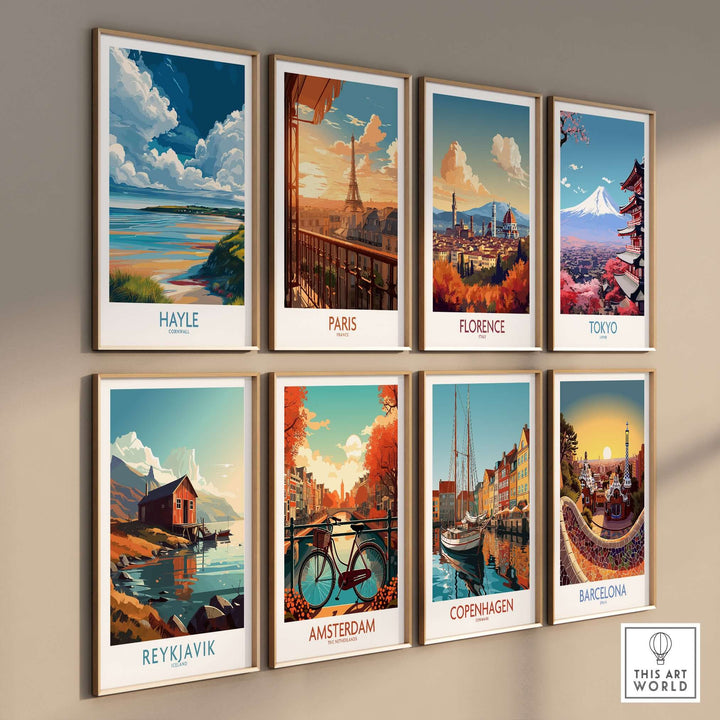 Gallery of travel wall art including Hayle, Paris, Florence, Tokyo, Reykjavik, Amsterdam, Copenhagen, and Barcelona.