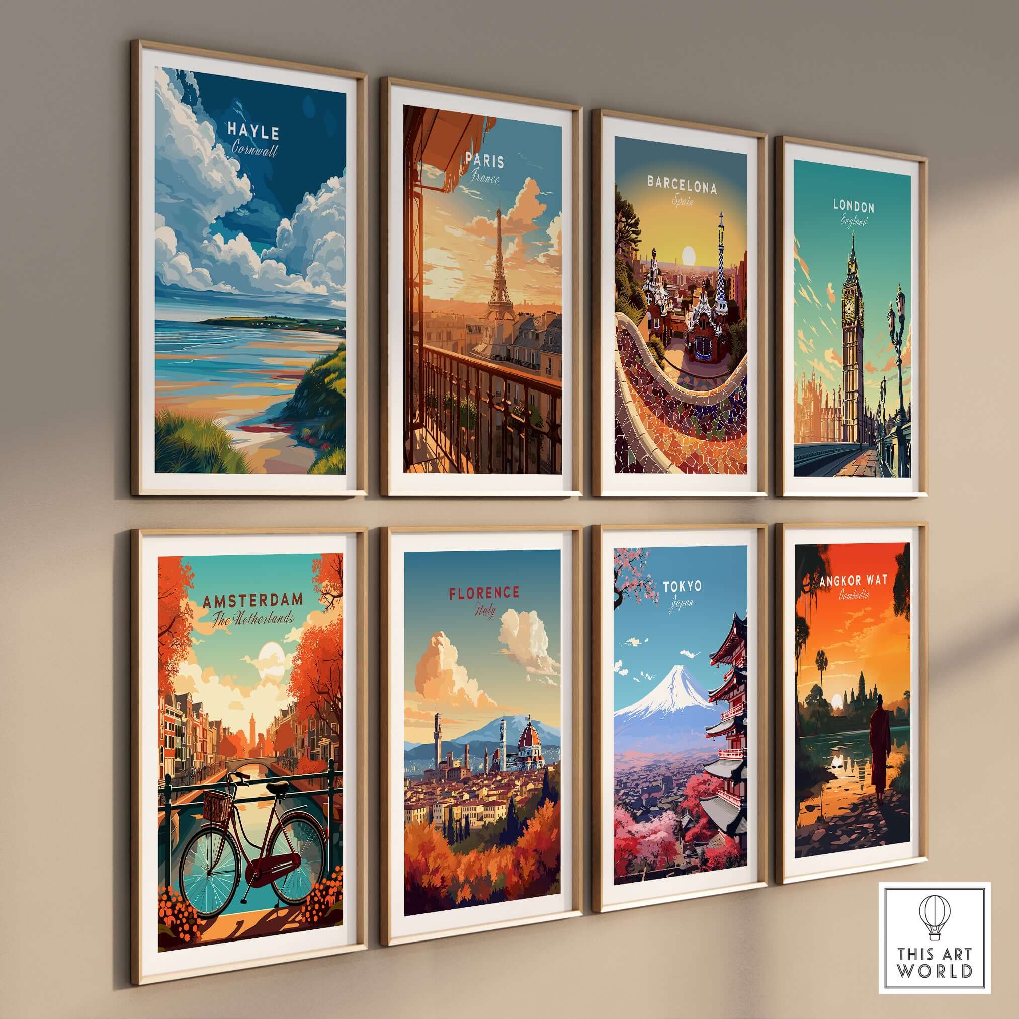 Hayle Ocean View Print - Cornwall Travel Poster displayed among various travel posters on a gallery wall.