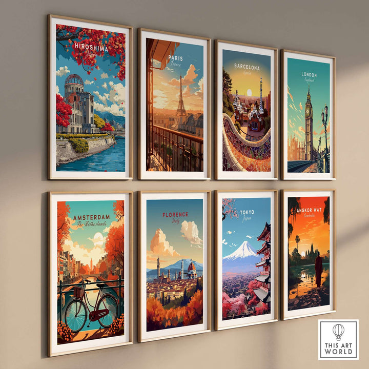 Colorful wall art prints featuring iconic cities including Hiroshima, Paris, Barcelona, and Tokyo.