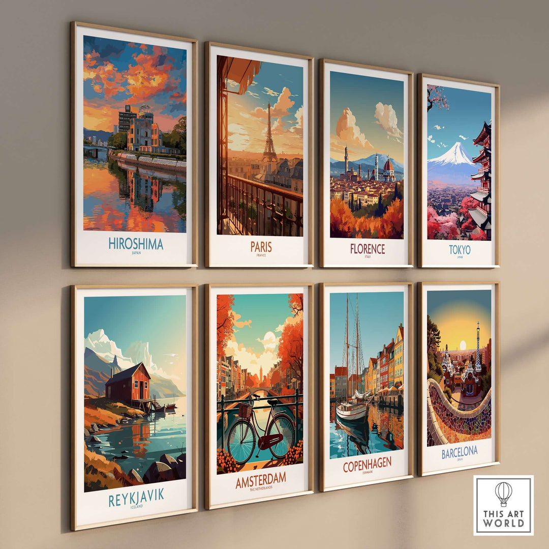 Gallery of vibrant cityscape prints including Hiroshima, Paris, and Tokyo, showcasing iconic landmarks in warm colors.