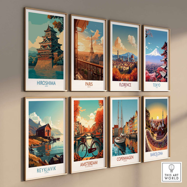 Hiroshima Japan wall art featuring traditional landmarks among other iconic city prints.