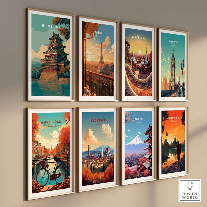 Gallery of travel posters featuring iconic cities like Hiroshima, Paris, and Tokyo showcasing historic architecture.