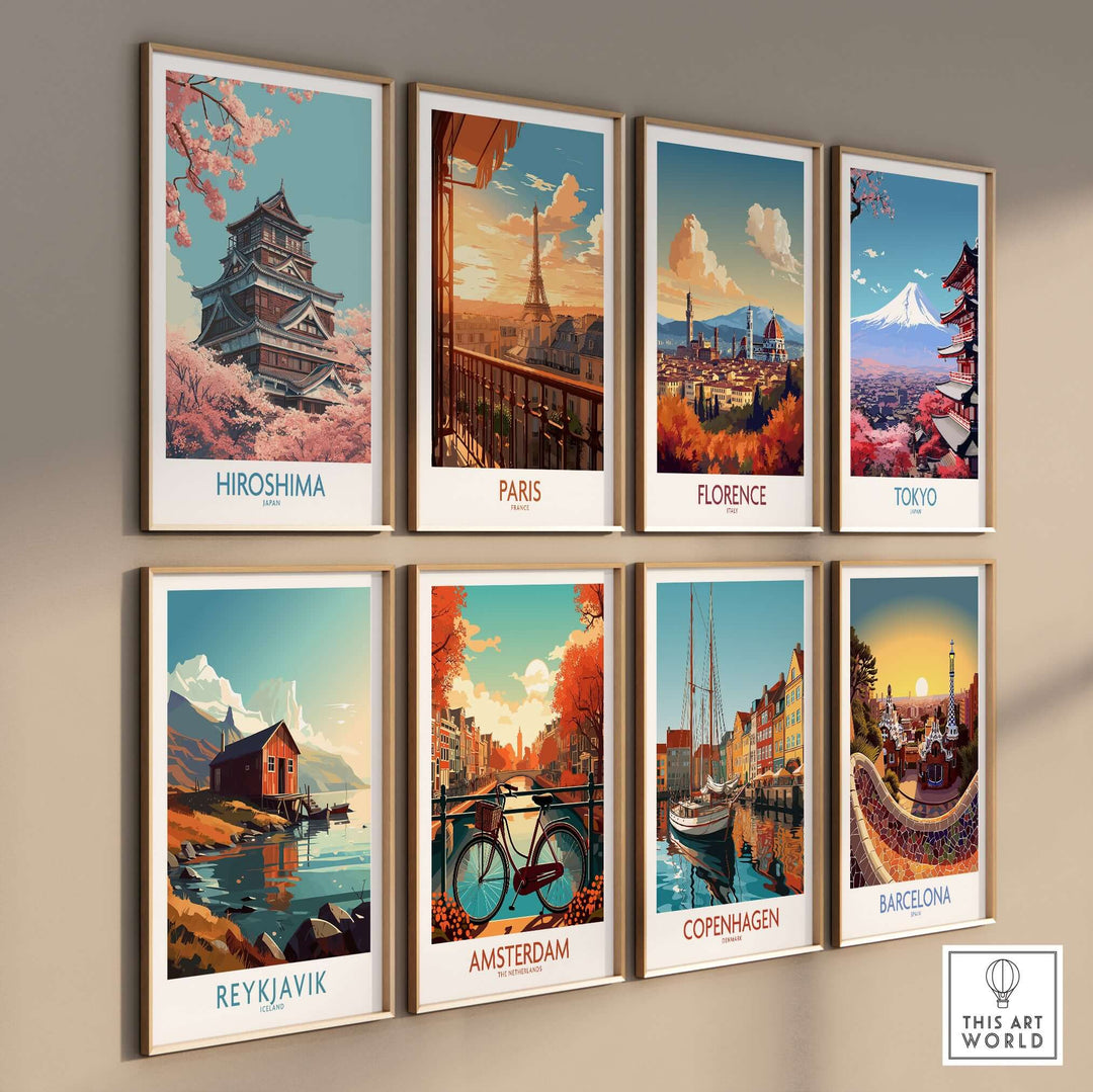 Collection of travel wall art prints featuring Hiroshima, Paris, Florence, Tokyo, Reykjavik, Amsterdam, Copenhagen, and Barcelona.
