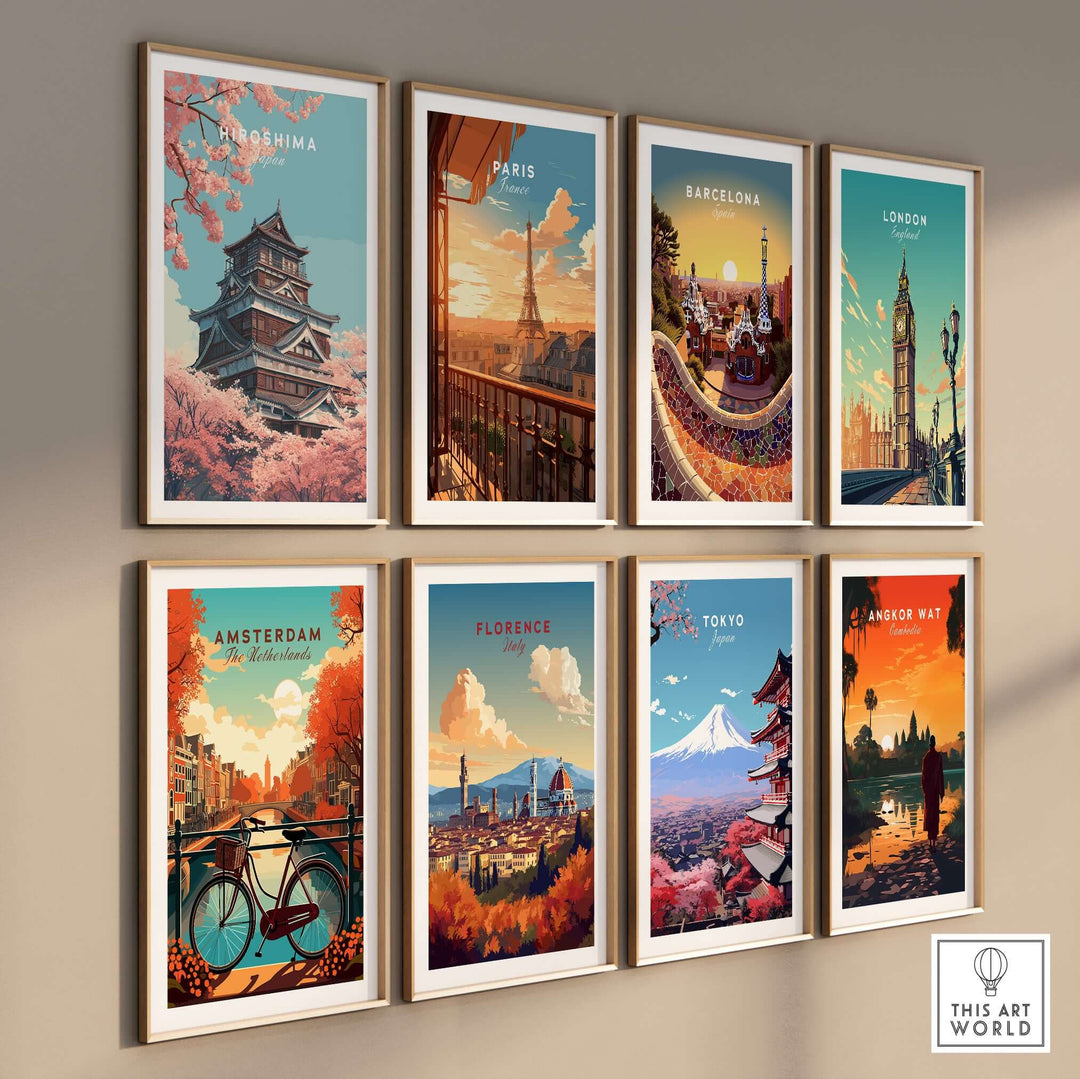 Gallery of iconic city posters including Hiroshima, Paris, Barcelona, London, and more with vibrant spring themes.