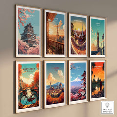 Hiroshima Poster Japan Cherry Blossom - Springtime Japanese Landmark Art in a gallery wall display of travel posters.