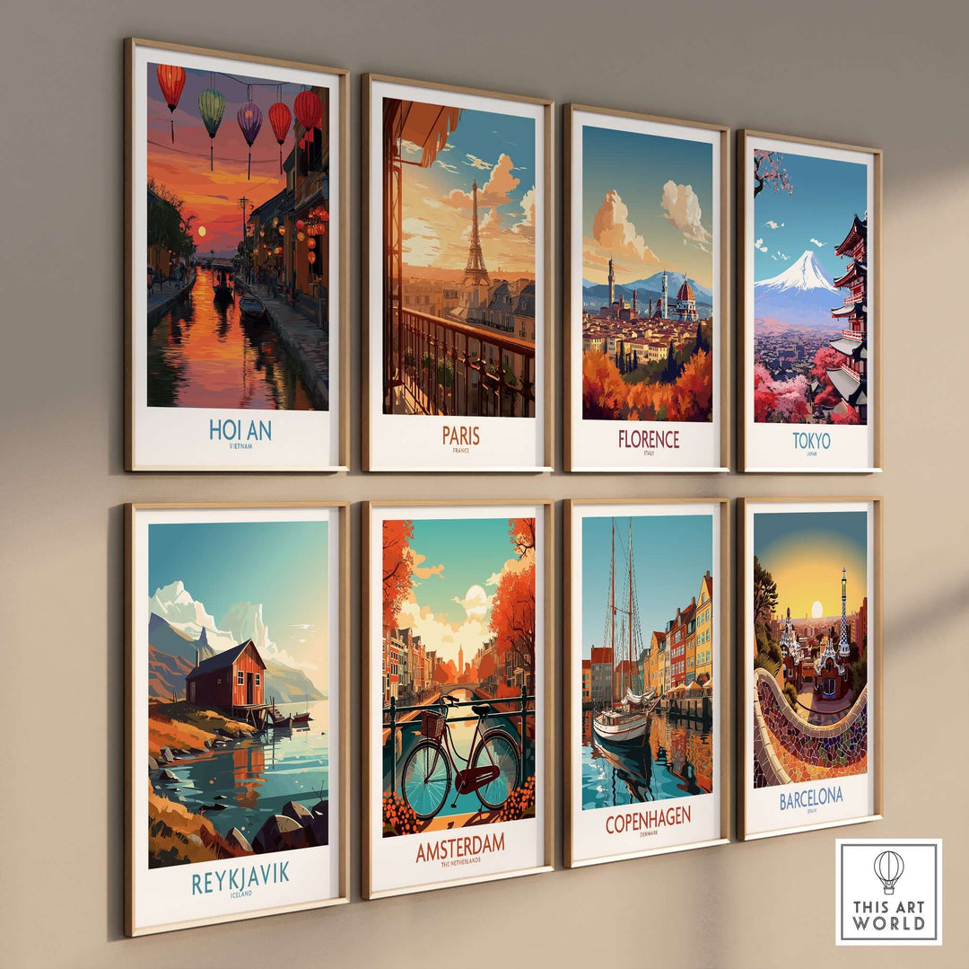 Colorful travel posters featuring Hoi An, Paris, Florence, Tokyo, Reykjavik, Amsterdam, Copenhagen, and Barcelona.