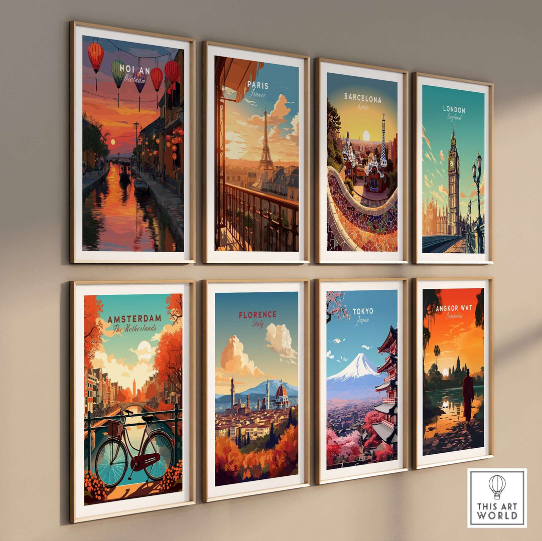 Gallery of world city posters including Hoi An, Paris, Barcelona, London, Amsterdam, Florence, Tokyo, and Angkor Wat.