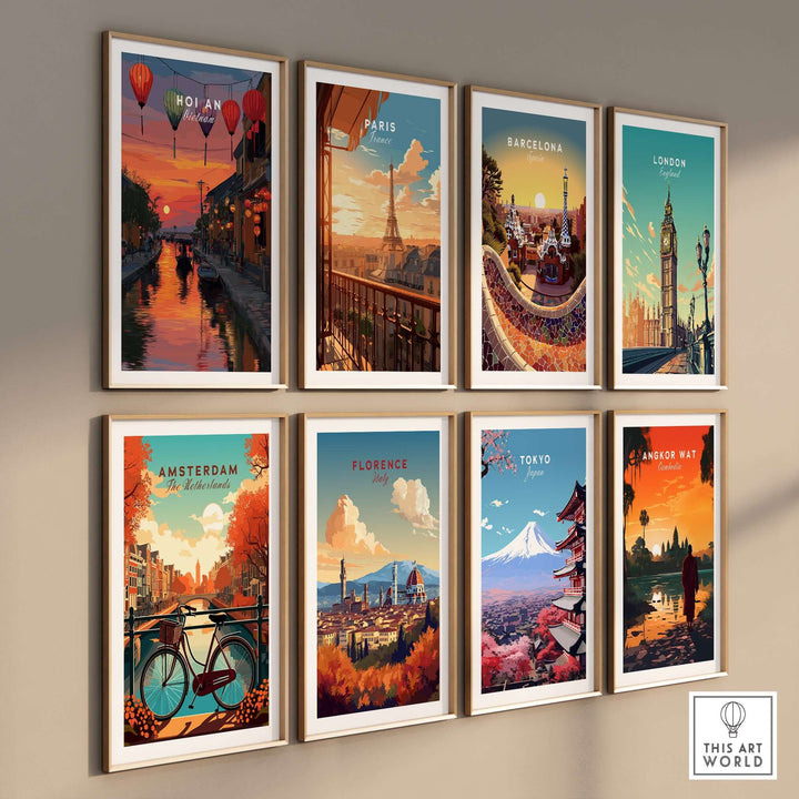 Gallery of world city posters including Hoi An, Paris, Barcelona, London, Amsterdam, Florence, Tokyo, and Angkor Wat.