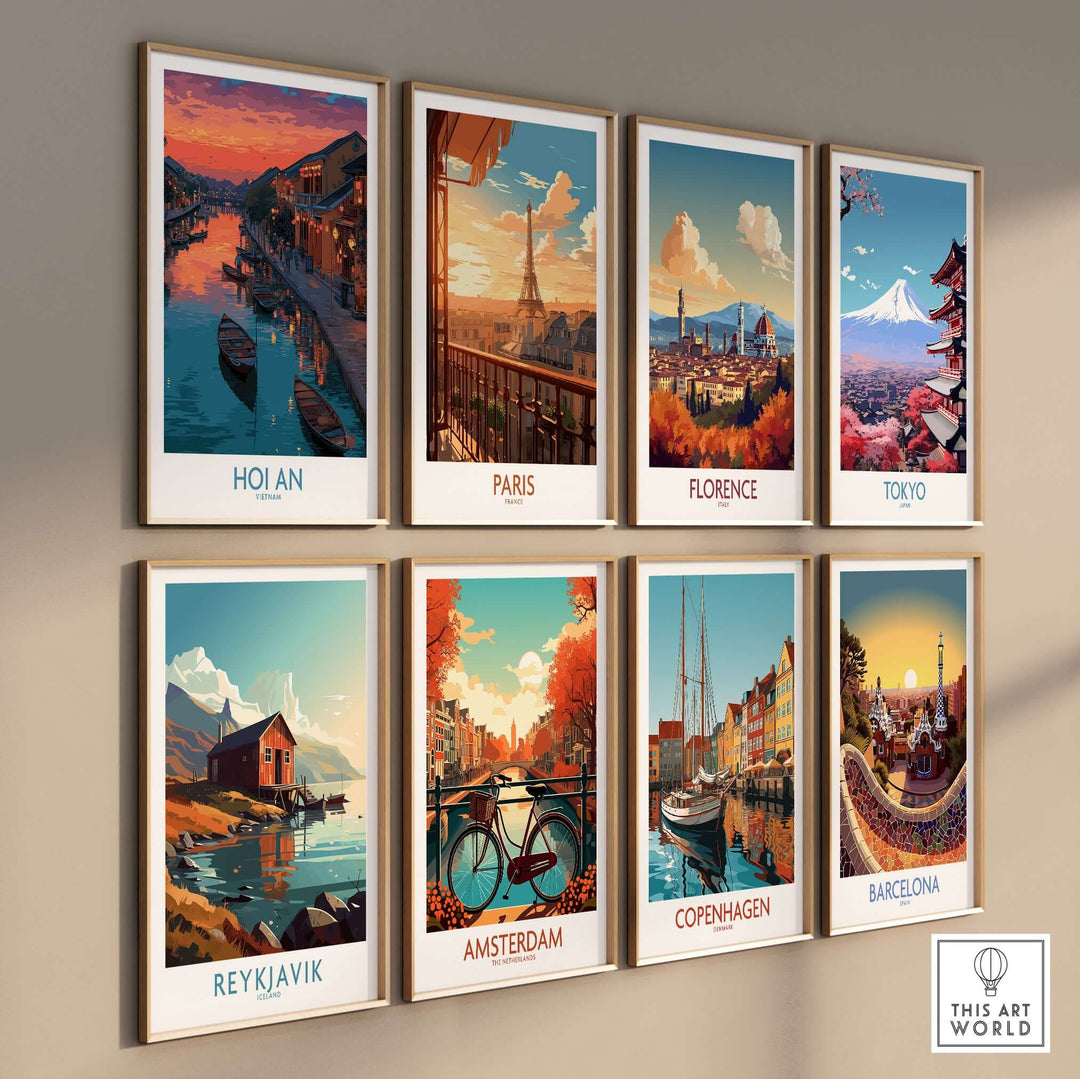 Gallery of vibrant city posters, including Hoi An, Paris, Florence, Tokyo, Reykjavik, Amsterdam, Copenhagen, and Barcelona.