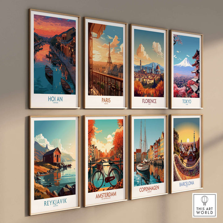 Gallery of vibrant city posters, including Hoi An, Paris, Florence, Tokyo, Reykjavik, Amsterdam, Copenhagen, and Barcelona.