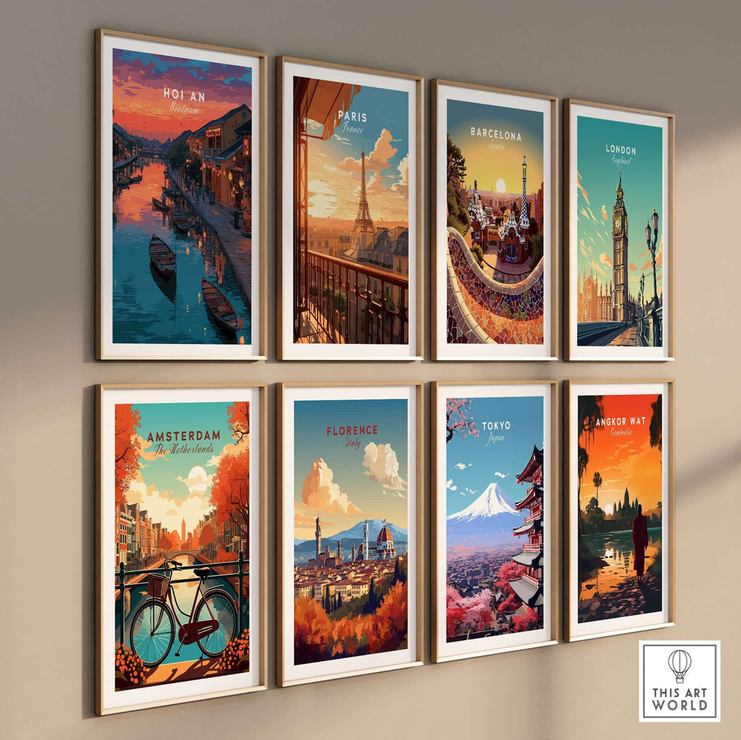 Collection of colorful city posters featuring Hoi An, Paris, Barcelona, London, Amsterdam, Florence, Tokyo, and Angkor Wat.