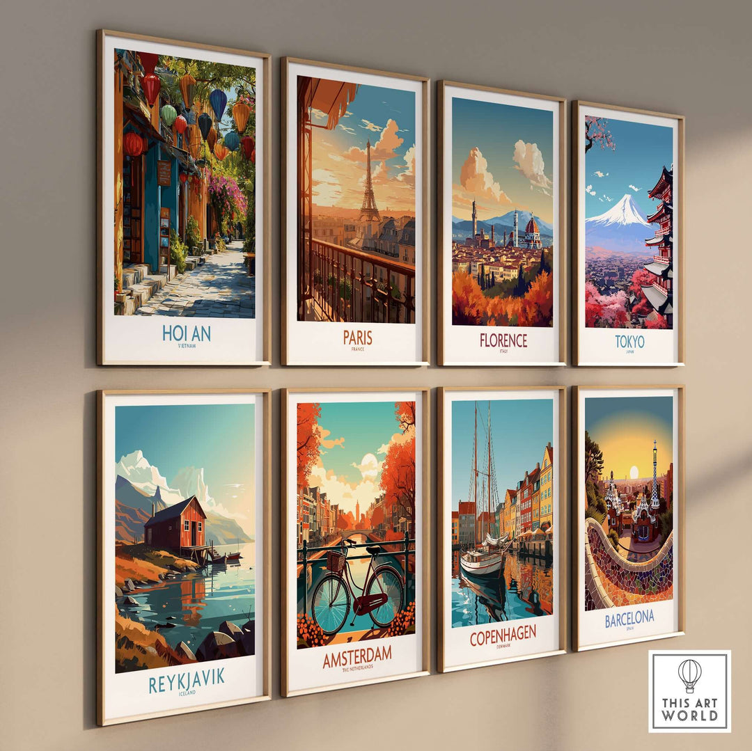 Colorful wall art print set featuring Hoi An, Paris, Florence, Tokyo, Reykjavik, Amsterdam, Copenhagen, Barcelona.