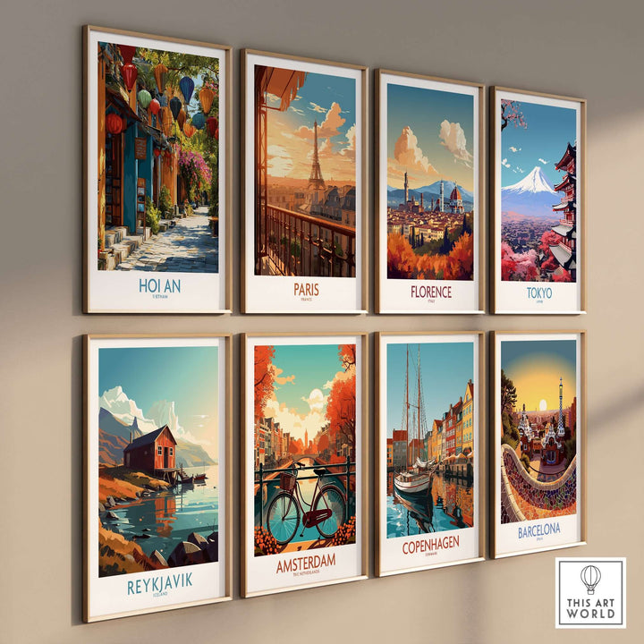 Colorful wall art print set featuring Hoi An, Paris, Florence, Tokyo, Reykjavik, Amsterdam, Copenhagen, Barcelona.