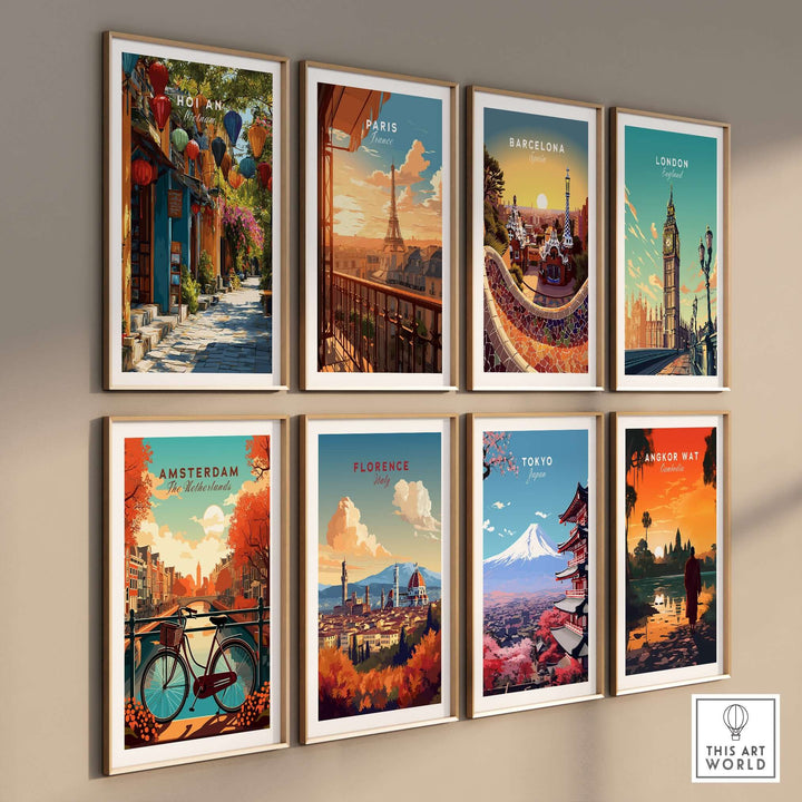 Collection of vibrant city posters featuring Hoi An, Paris, Barcelona, London, Amsterdam, Florence, Tokyo, Angkor Wat.