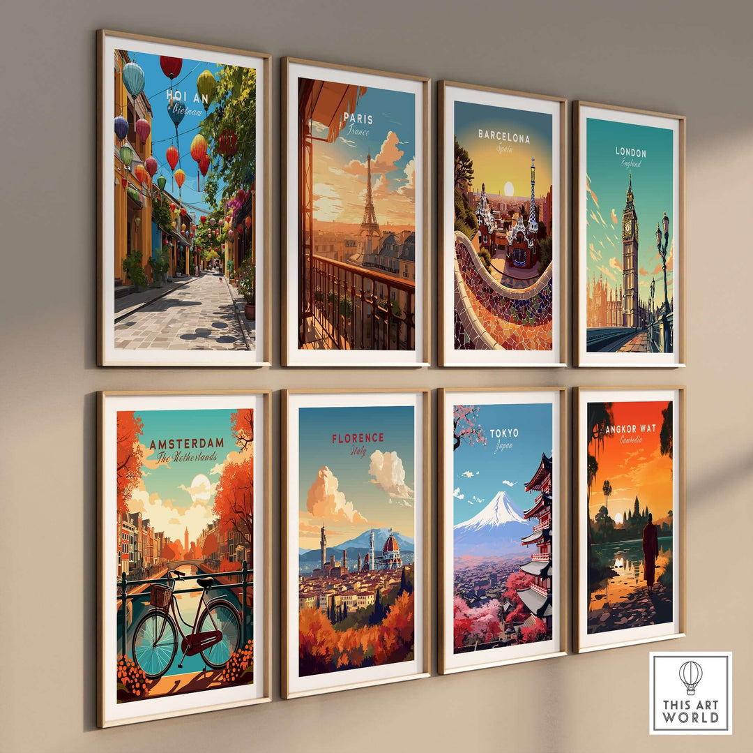 Vibrant travel posters featuring Hoi An, Paris, Barcelona, London, Amsterdam, Florence, Tokyo, and Angkor Wat on a gallery wall.