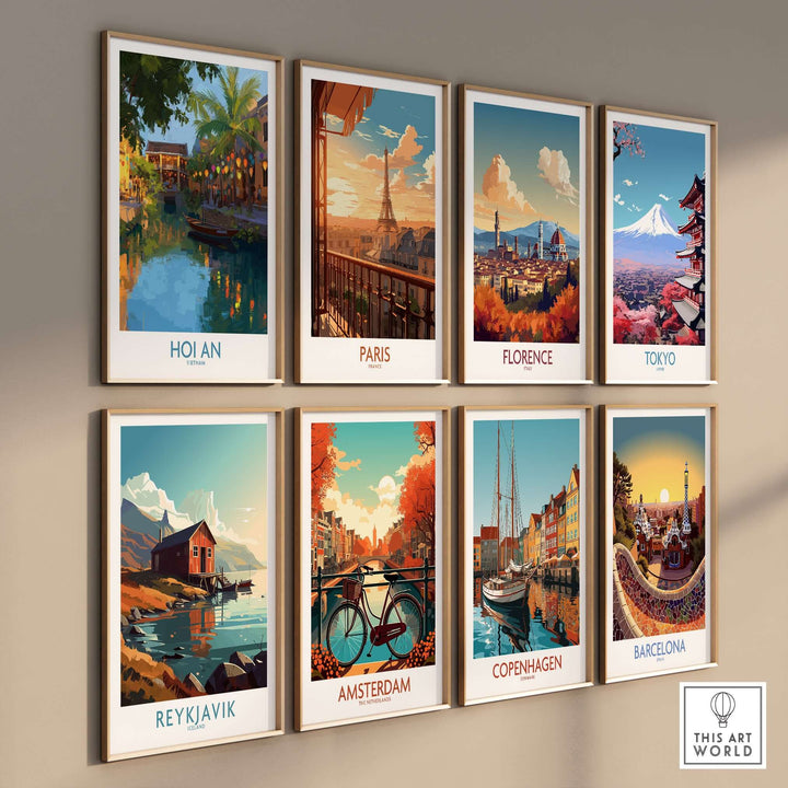 Gallery of travel-themed wall art featuring cities like Hoi An, Paris, and Tokyo in vibrant colors.