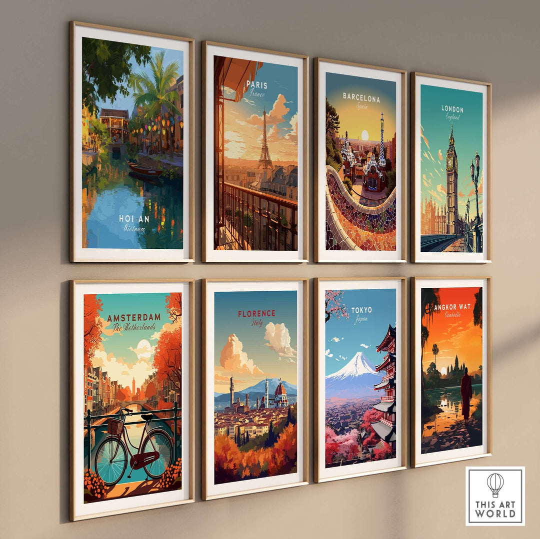 Gallery wall featuring travel posters of iconic cities, including Hoi An, Paris, Barcelona, London, and more.
