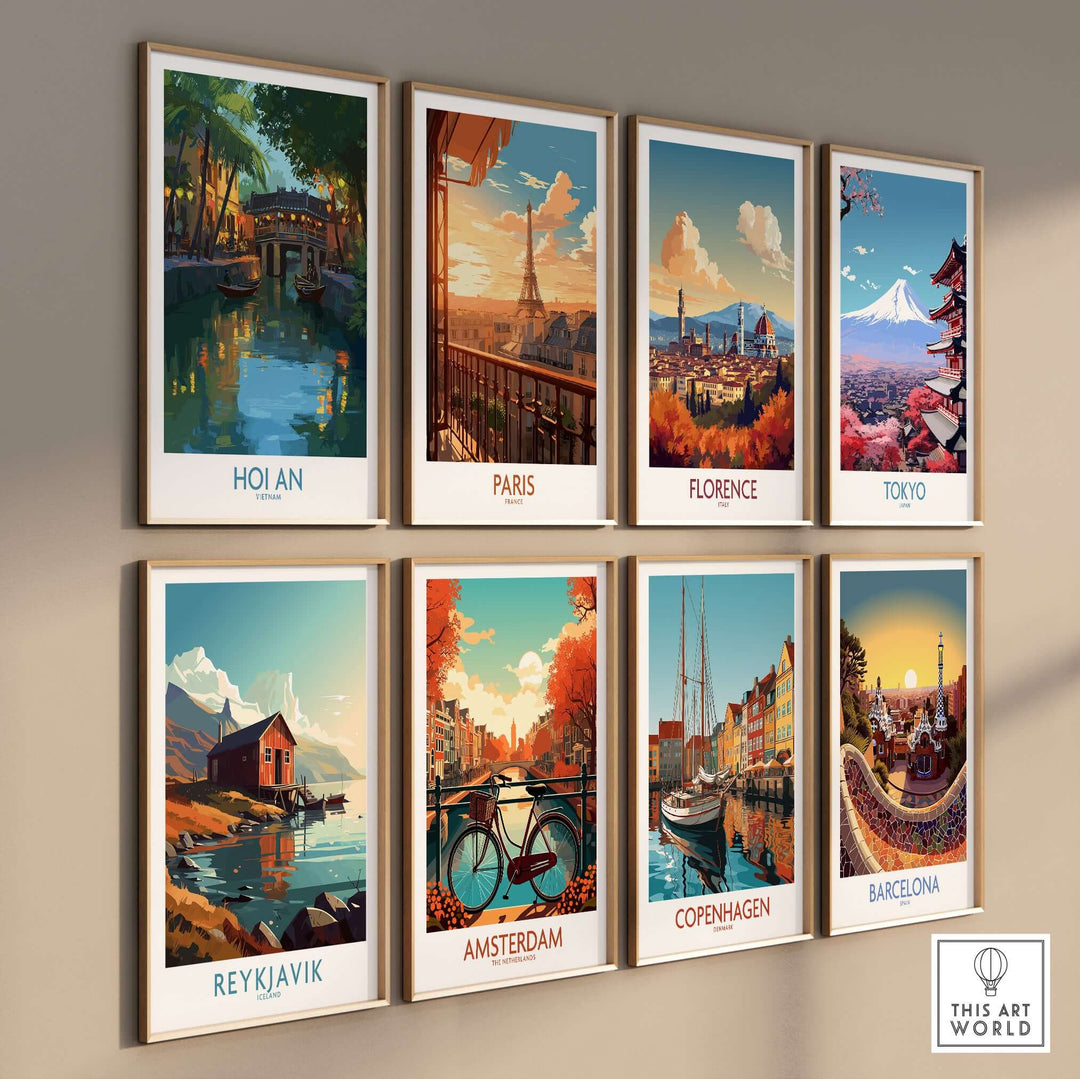 Colorful wall art collection featuring Hoi An, Paris, Florence, Tokyo, Reykjavik, Amsterdam, Copenhagen, and Barcelona.