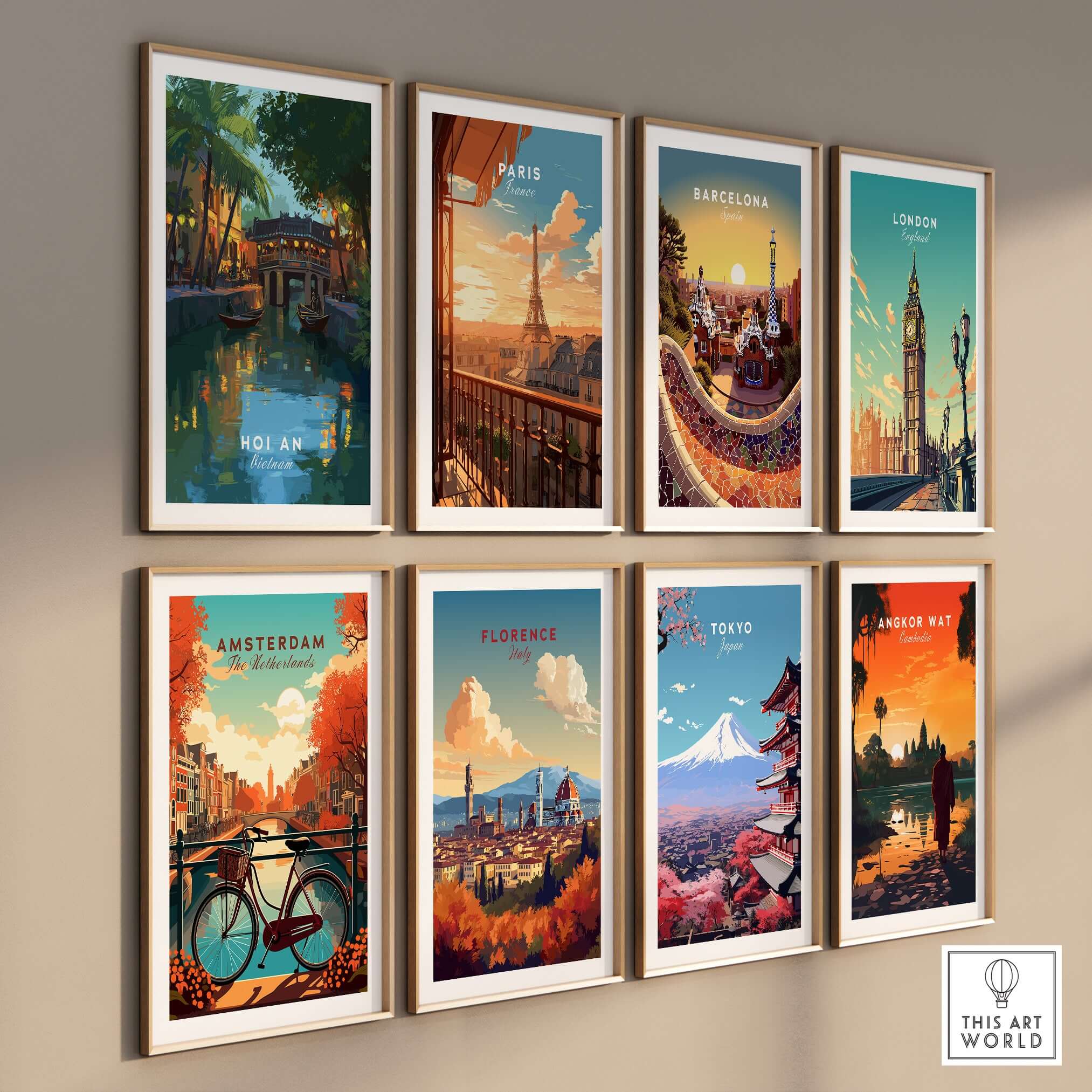 Hoi An Vietnam Poster - Iconic Landmark Print displayed among other city posters on a gallery wall.