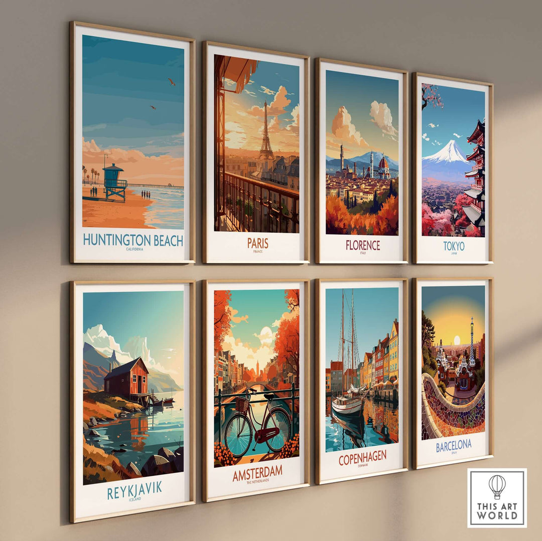 Collection of vibrant travel posters featuring Huntington Beach, Paris, Florence, Tokyo, Reykjavik, Amsterdam, Copenhagen, and Barcelona.