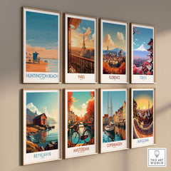 Huntington Beach Surfing Beach Poster - California Travel Decor showcasing vibrant coastal scenery and iconic landmarks.