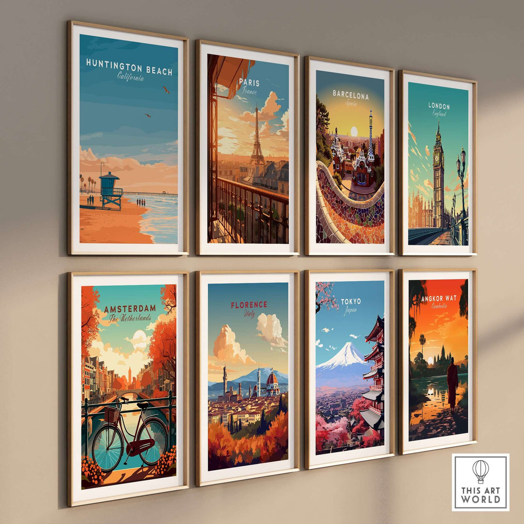 Collection of travel-themed prints featuring Huntington Beach, Paris, Barcelona, London, Amsterdam, Florence, Tokyo, and Angkor Wat.