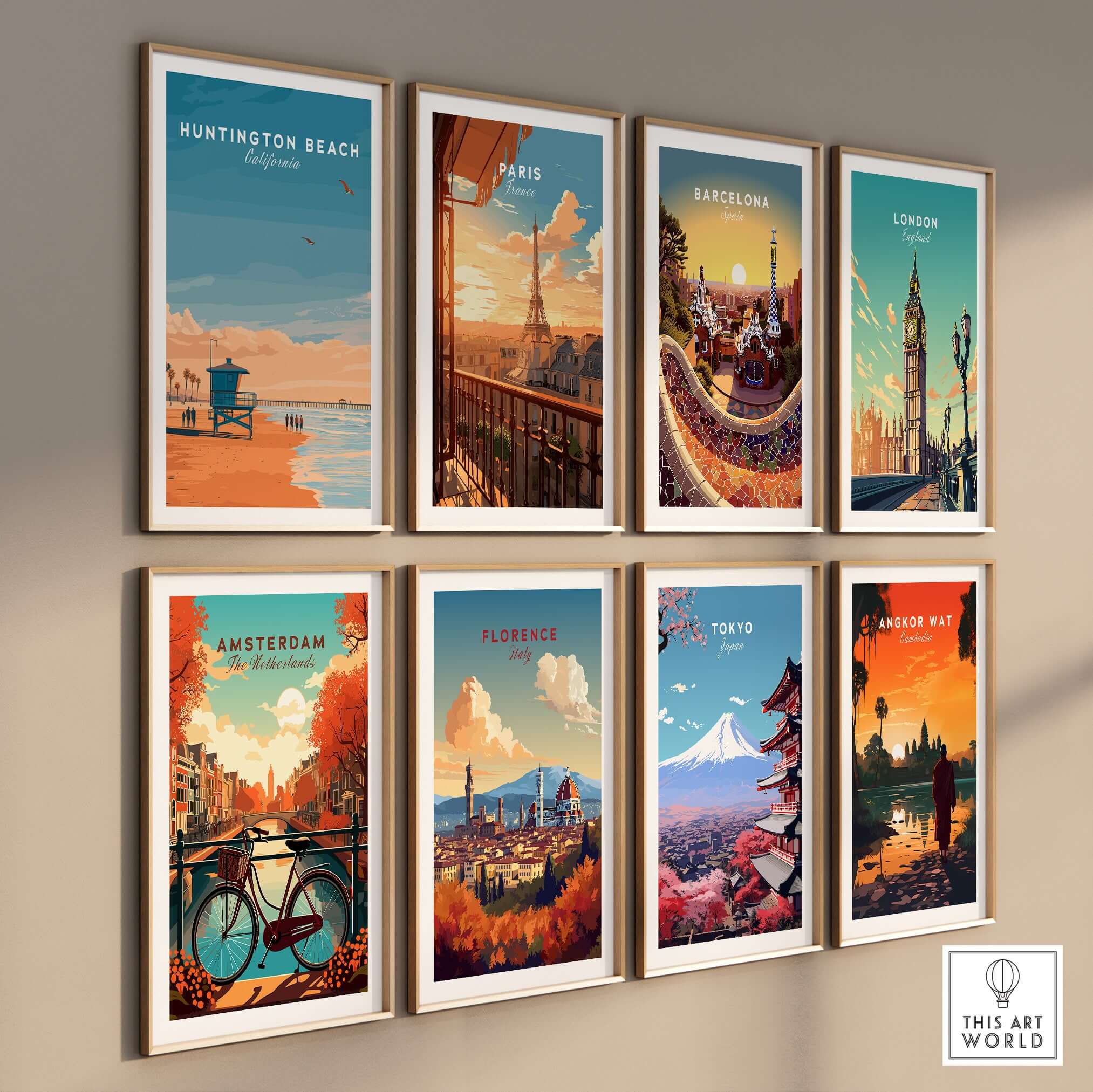 Huntington Beach Lifeguard Tower Print - California Sunset Wall Art displayed among various city prints.