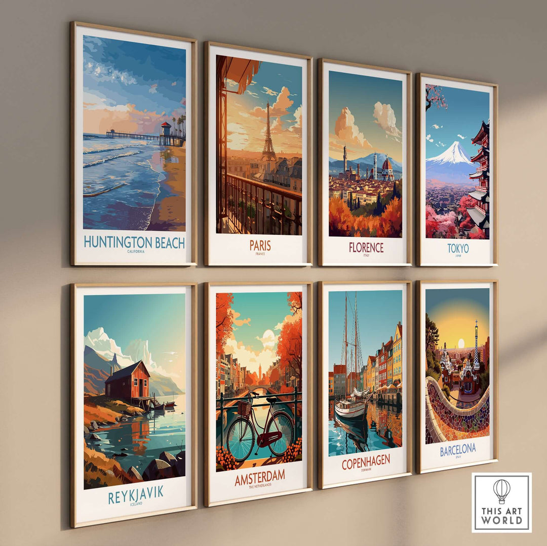 Collection of vibrant travel posters featuring Huntington Beach, Paris, Florence, Tokyo, Reykjavik, Amsterdam, Copenhagen, and Barcelona.