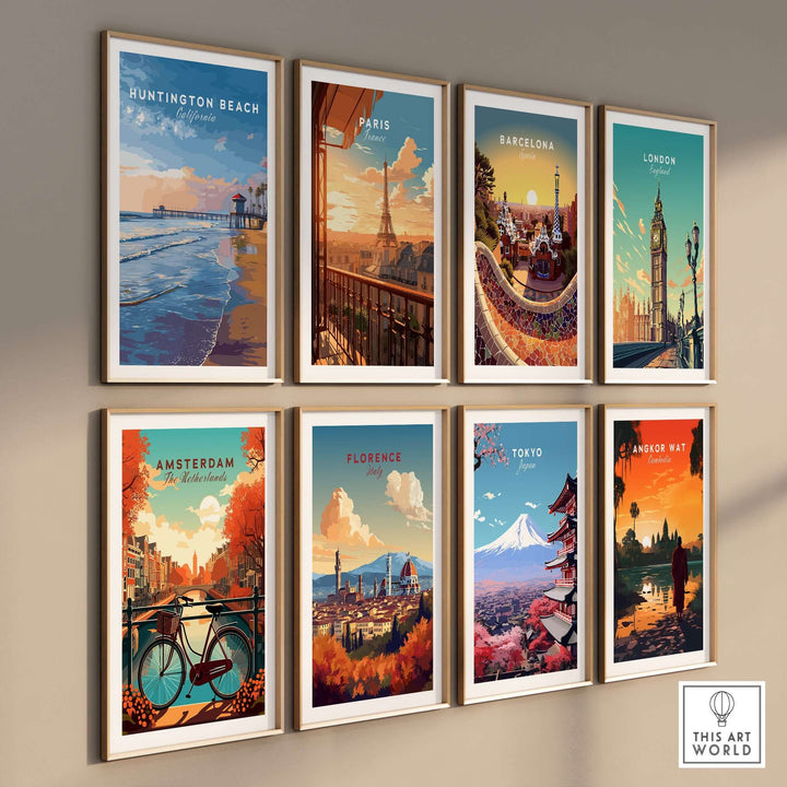 Collection of travel posters featuring iconic landmarks like Huntington Beach, Paris, London, and Tokyo.