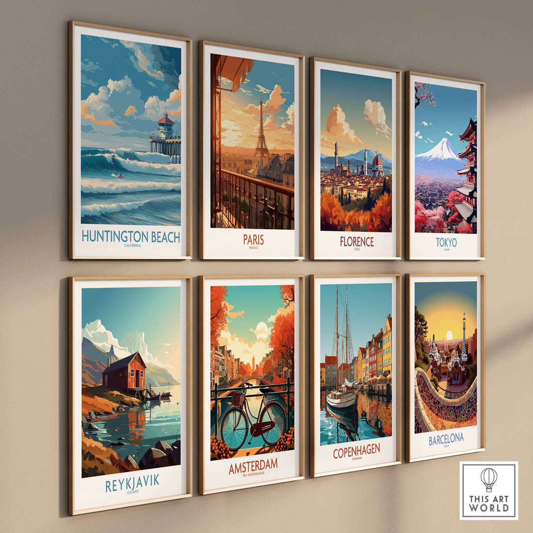 Gallery of vibrant travel posters featuring cities like Huntington Beach, Paris, Florence, Tokyo, Reykjavik, Amsterdam, Copenhagen, and Barcelona.