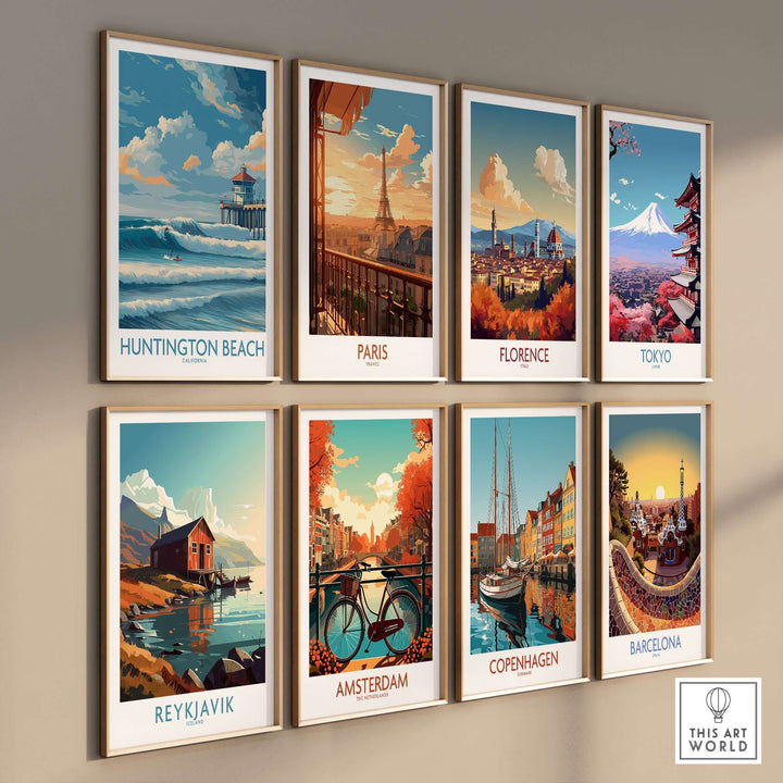 Gallery of vibrant travel posters featuring cities like Huntington Beach, Paris, Florence, Tokyo, Reykjavik, Amsterdam, Copenhagen, and Barcelona.
