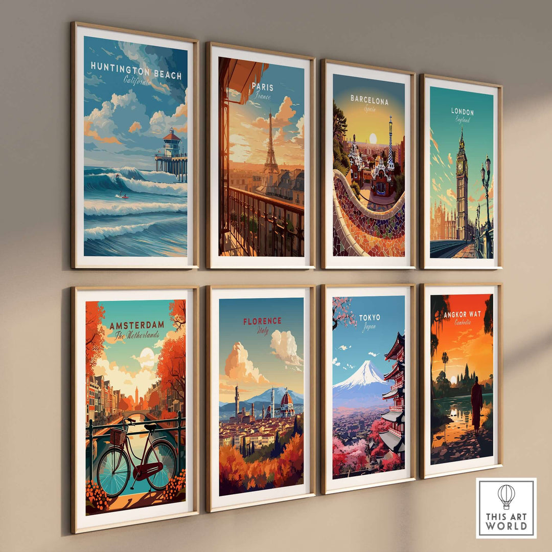 Gallery wall showcasing vibrant travel prints including Huntington Beach, Paris, Barcelona, and more.
