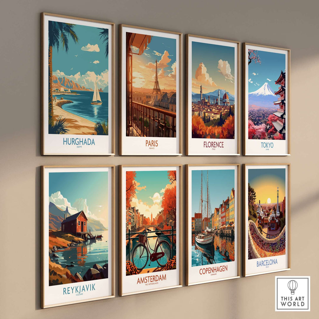 Collection of travel posters featuring Hurghada, Paris, Florence, Tokyo, Reykjavik, Amsterdam, Copenhagen, and Barcelona.