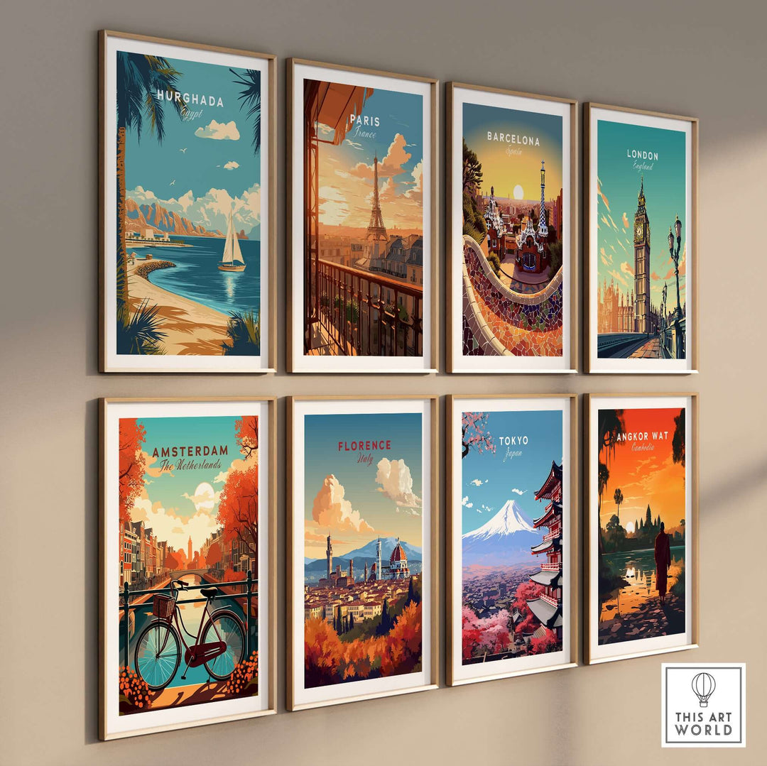 Gallery of vibrant travel prints featuring iconic cities like Hurghada, Paris, and Barcelona in stylish frames.