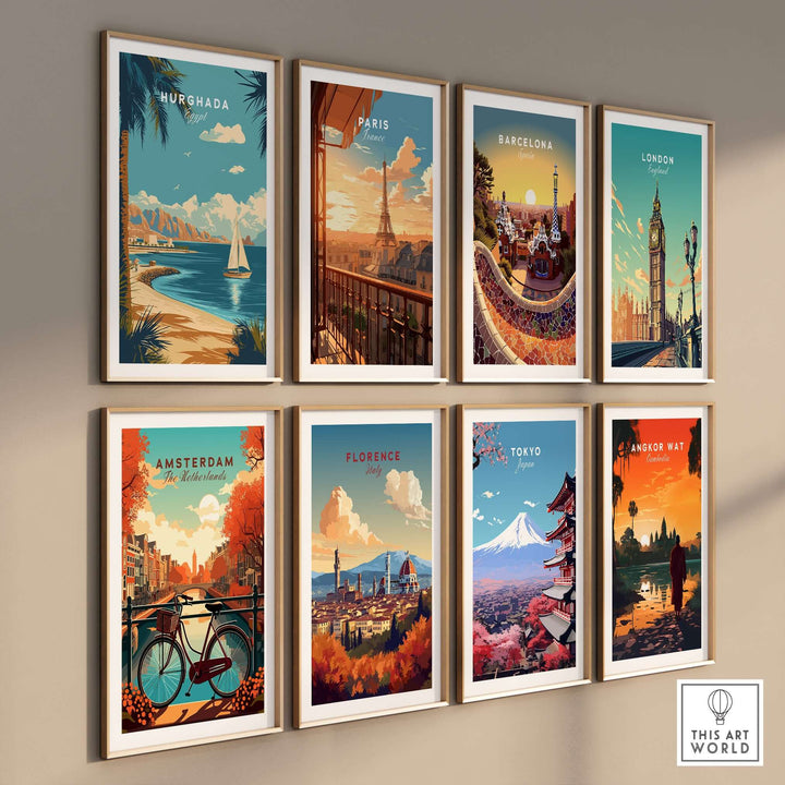 Gallery of vibrant travel prints featuring iconic cities like Hurghada, Paris, and Barcelona in stylish frames.