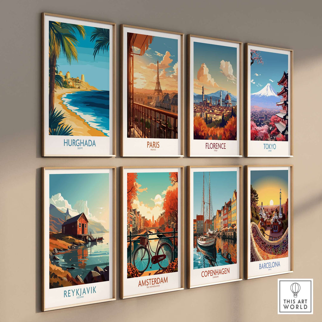 Gallery of travel-themed wall art prints featuring Hurghada, Paris, Florence, Tokyo, Reykjavik, Amsterdam, Copenhagen, and Barcelona.
