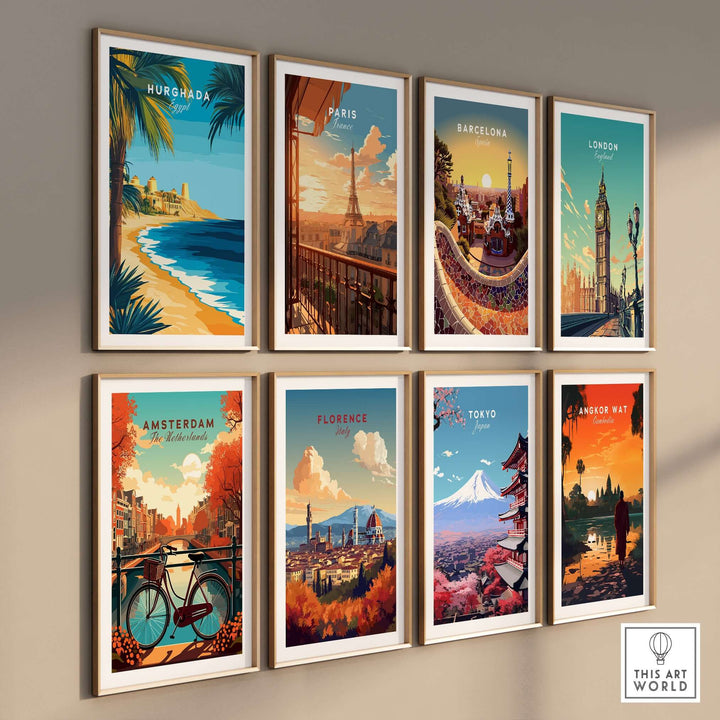 Collection of vibrant travel posters featuring iconic cities like Hurghada, Paris, Barcelona, London, and more.