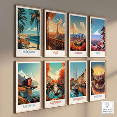 Hurghada Poster Egypt - Egyptian Resort Decor displayed on a wall with other travel-themed art prints.