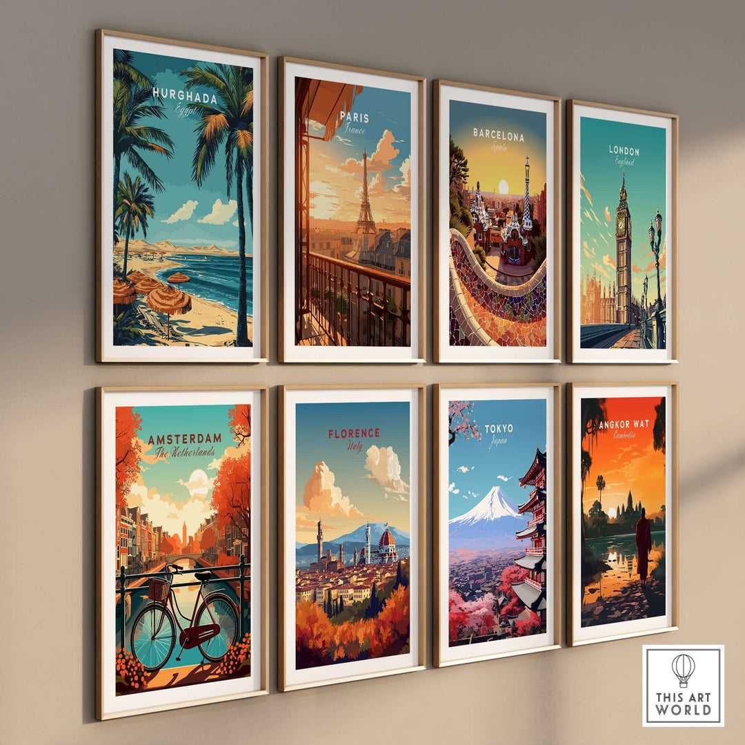 Colorful wall art prints featuring Hurghada, Paris, Barcelona, London, Amsterdam, Florence, Tokyo, and Angkor Wat.