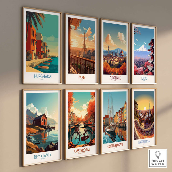 Gallery wall art print featuring scenic travel destinations: Hurghada, Paris, Florence, Tokyo, Reykjavik, Amsterdam, Copenhagen, Barcelona.
