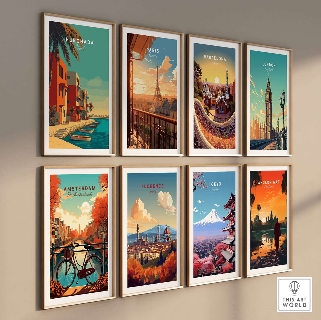 Collection of vibrant travel posters, including Hurghada, Paris, and Tokyo, on a stylish wall display.