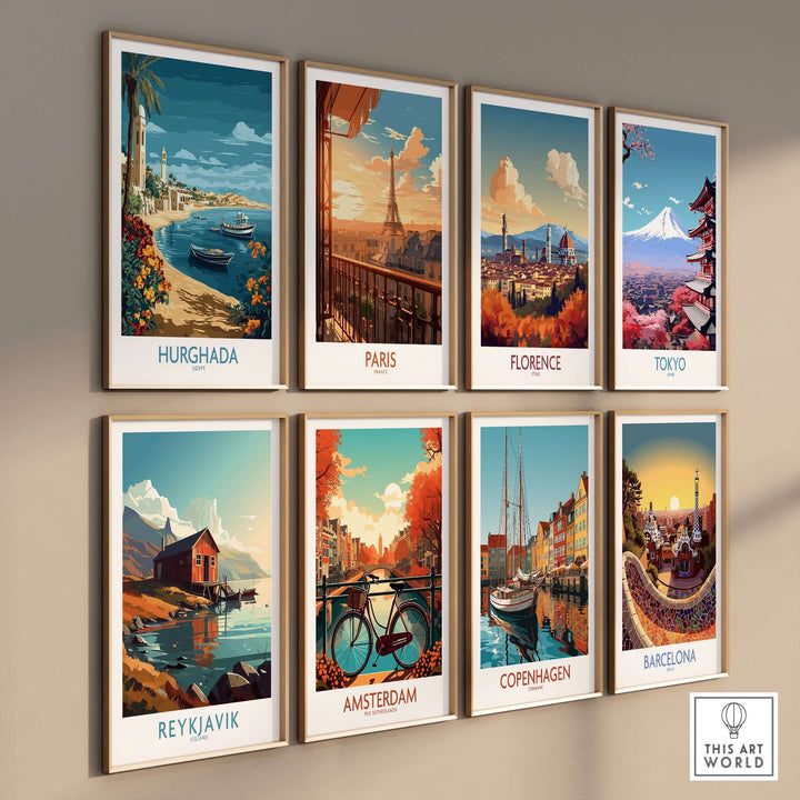 Collection of travel posters featuring Hurghada, Paris, Florence, Tokyo, Reykjavik, Amsterdam, Copenhagen, and Barcelona.