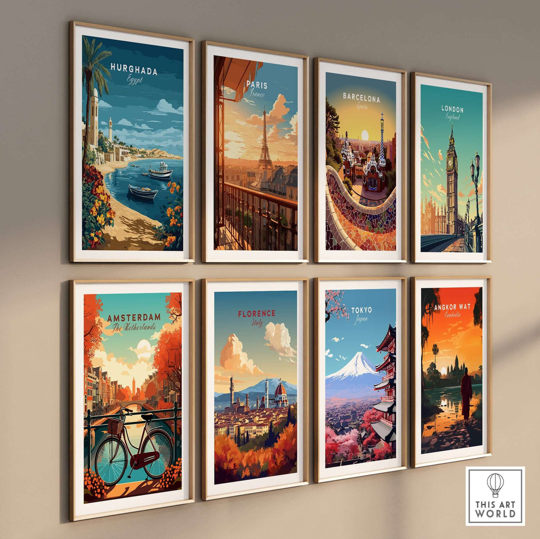 Gallery of travel wall art prints featuring Hurghada, Paris, Barcelona, London, Amsterdam, Florence, Tokyo, and Angkor Wat.